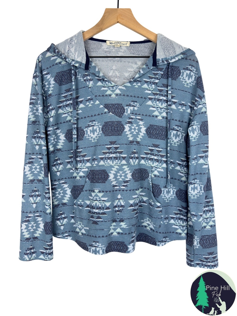 WallFlower Women’s Large Aztec Southwestern Blue Hoodie Pullover Lightweight